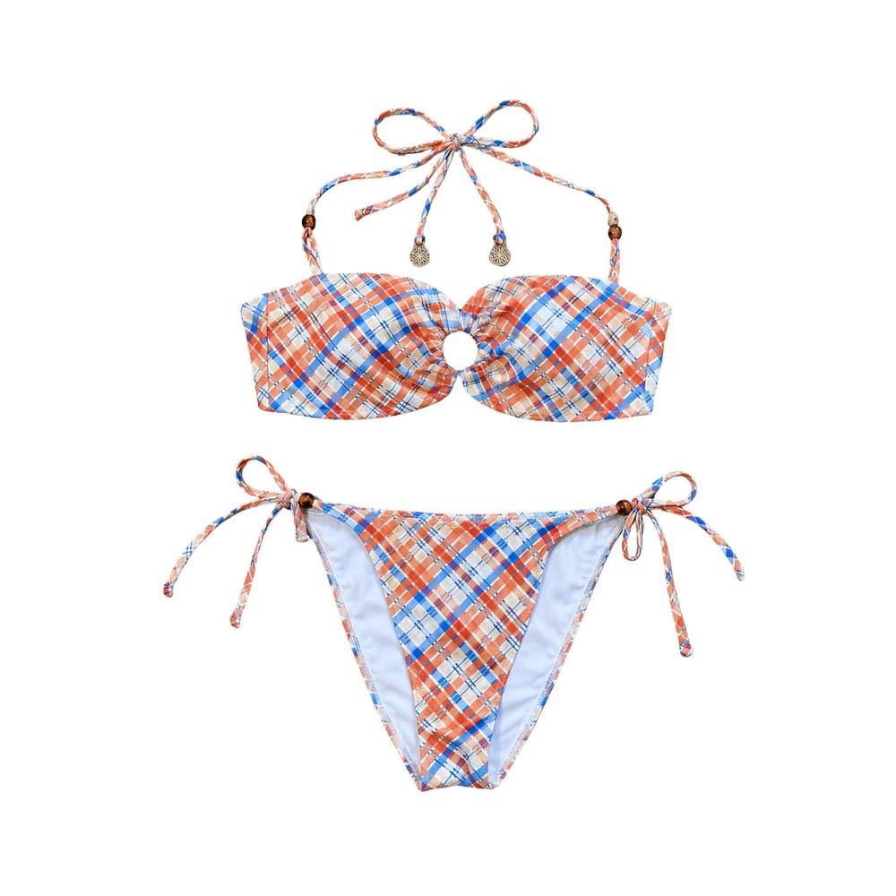 NWT Zaful Bikini Set Womens L Plaid Boho Cottagecore Bandeau Bathsuit High Cut